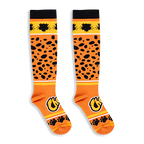 Flat lay of knee-high orange Cheetos socks showing the black cheetah pattern, yellow stripe, and paw prints on the toes.