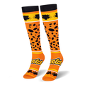 Knee-high orange Cheetos socks featuring black cheetah spots, Chester Cheetah head silhouettes, and the official logo.