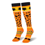 Knee-high orange Cheetos socks featuring black cheetah spots, Chester Cheetah head silhouettes, and the official logo.
