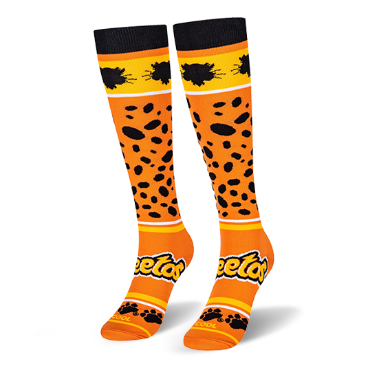 Knee-high orange Cheetos socks featuring black cheetah spots, Chester Cheetah head silhouettes, and the official logo.