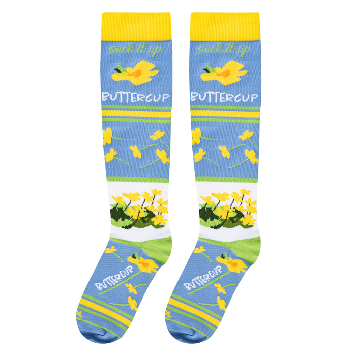 Full flat lay of blue floral socks highlighting the yellow cuffs and buttercup pattern with the word COOL on the toe.