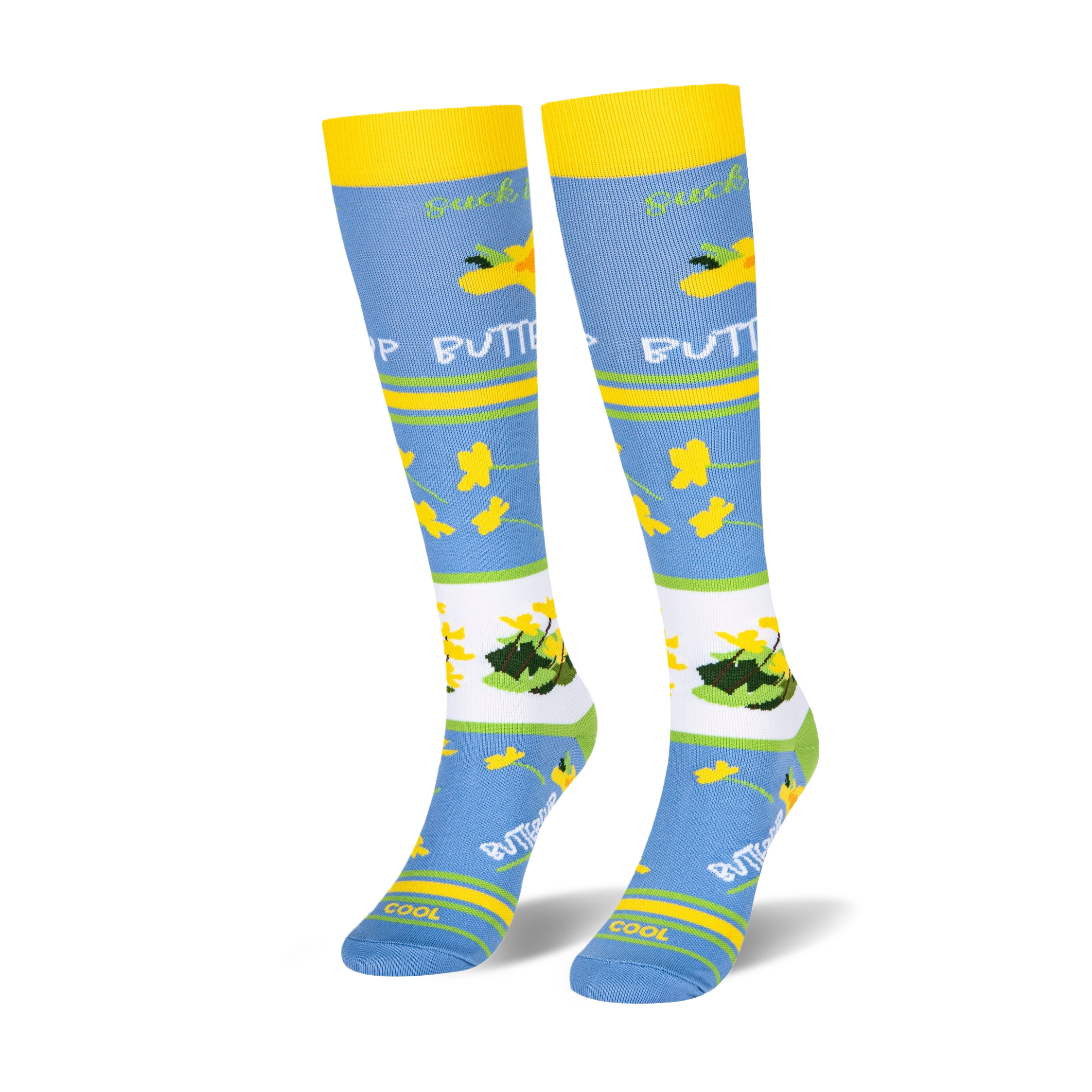 Angled view of knee-high socks displaying a white band filled with yellow buttercups and green leaves.