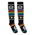 Flat lay of black knee-high socks showing bright rainbow stripes, yellow smiley faces, clouds, and Happy Bitch text.