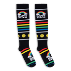 Flat lay of black knee-high socks showing bright rainbow stripes, yellow smiley faces, clouds, and Happy Bitch text.
