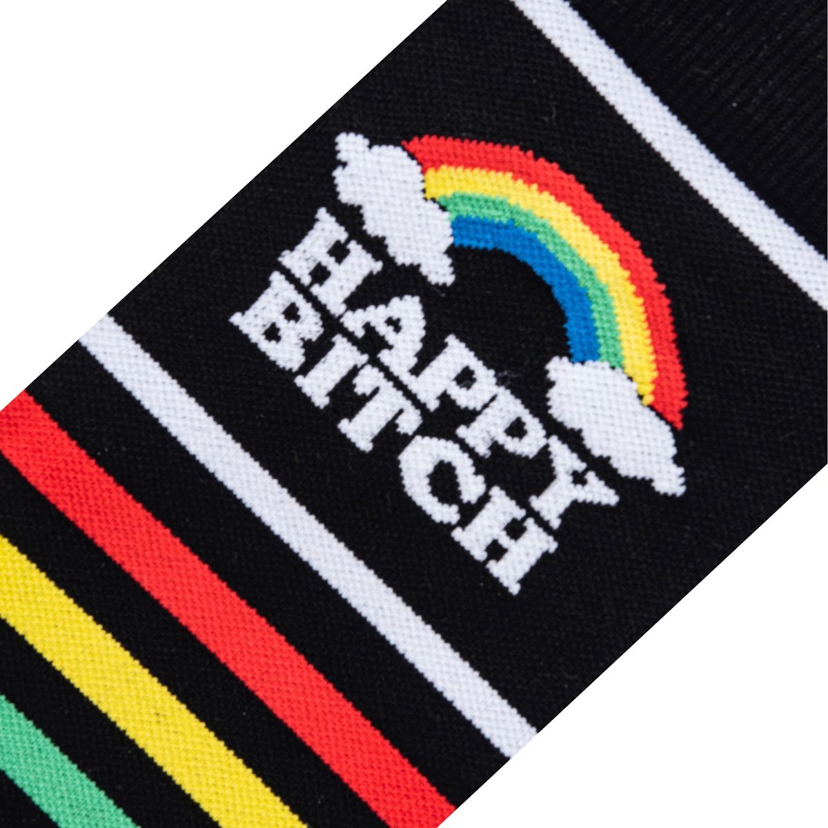 Close-up of black sock fabric showing the words Happy Bitch knit in white below a bright rainbow and fluffy clouds.