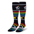 Black knee-high socks with bright rainbow stripes, yellow smiley faces, fluffy white clouds, and Happy Bitch text.