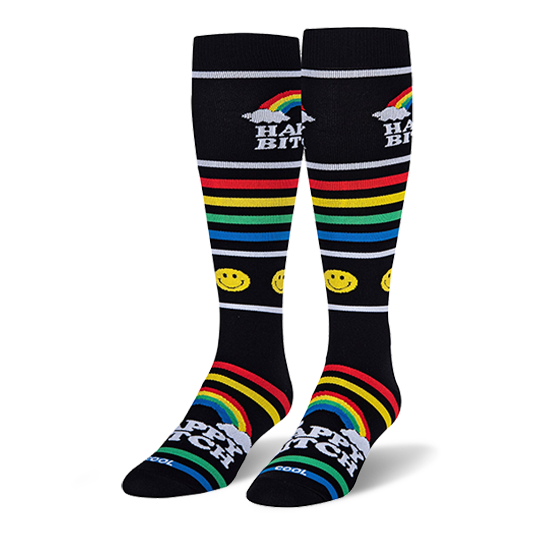 Black knee-high socks with bright rainbow stripes, yellow smiley faces, fluffy white clouds, and Happy Bitch text.