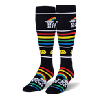 Black knee-high socks with bright rainbow stripes, yellow smiley faces, fluffy white clouds, and Happy Bitch text.