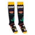 Black knee-high socks showing Chuckie Finster with his orange hair and purple glasses, plus Reptar and colorful zig-zags.