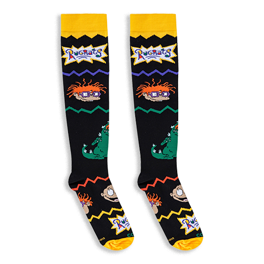 Black knee-high socks showing Chuckie Finster with his orange hair and purple glasses, plus Reptar and colorful zig-zags.