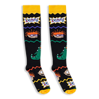 Black knee-high socks showing Chuckie Finster with his orange hair and purple glasses, plus Reptar and colorful zig-zags.