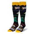 Black knee-high socks with yellow cuffs and toes, featuring the Rugrats logo, Tommy, Reptar, and colorful zig-zag lines.