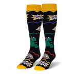 Black knee-high socks with yellow cuffs and toes, featuring the Rugrats logo, Tommy, Reptar, and colorful zig-zag lines.