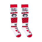 Flat lay of white and red knee-high socks showing the Betty Boop logo, her face, polka dots, and a love graphic.