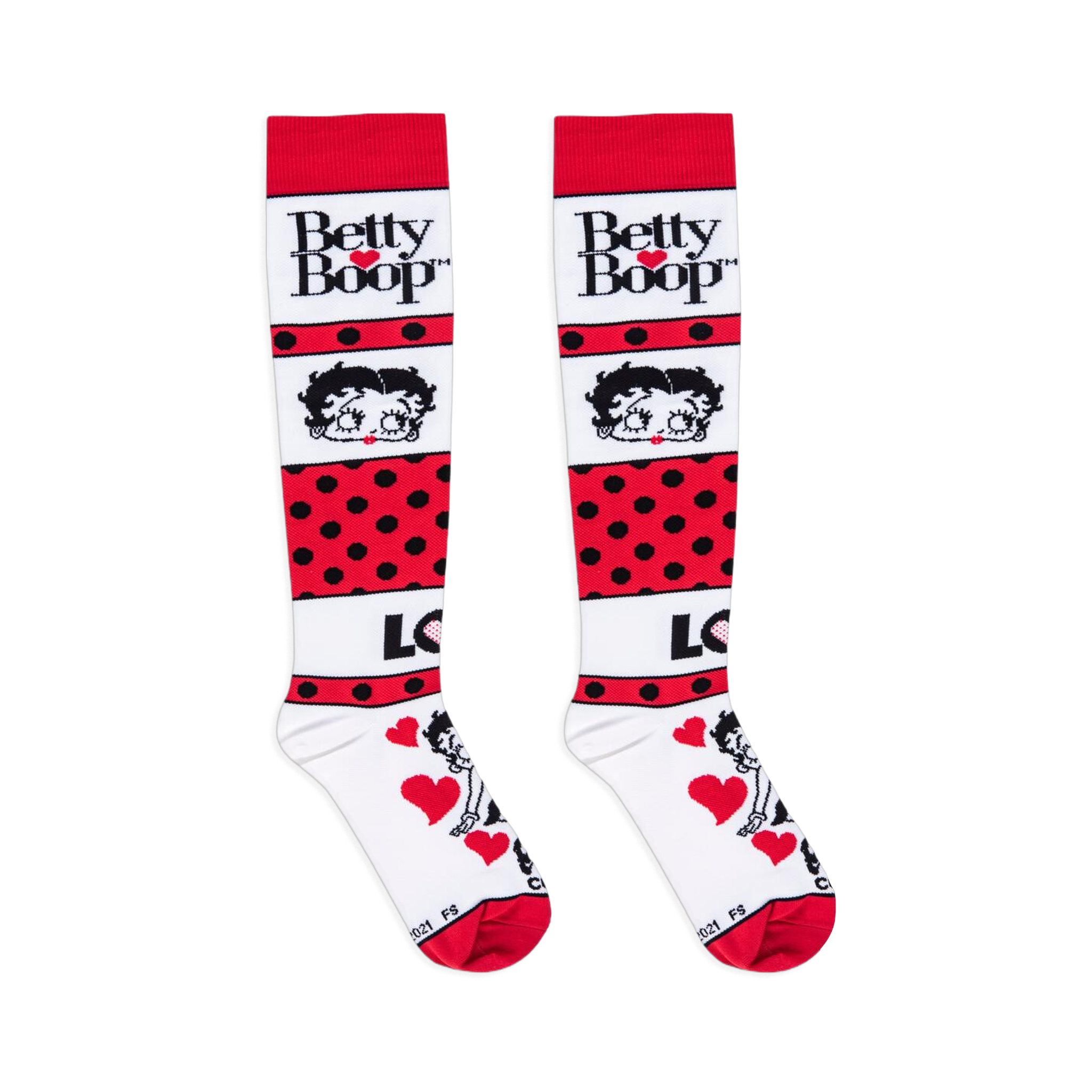 Flat lay of white and red knee-high socks showing the Betty Boop logo, her face, polka dots, and a love graphic.