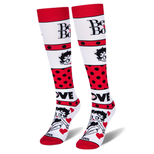 White knee-high socks featuring Betty Boop text, her face, bold red polka dot stripes, and the word LOVE with red hearts.