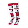 White knee-high socks featuring Betty Boop text, her face, bold red polka dot stripes, and the word LOVE with red hearts.