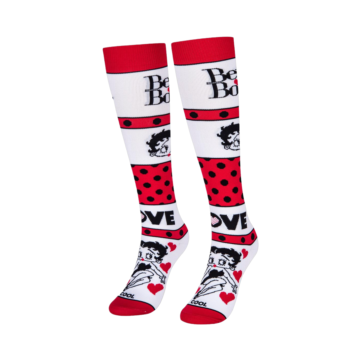 White knee-high socks featuring Betty Boop text, her face, bold red polka dot stripes, and the word LOVE with red hearts.