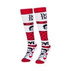 White knee-high socks featuring Betty Boop text, her face, bold red polka dot stripes, and the word LOVE with red hearts.