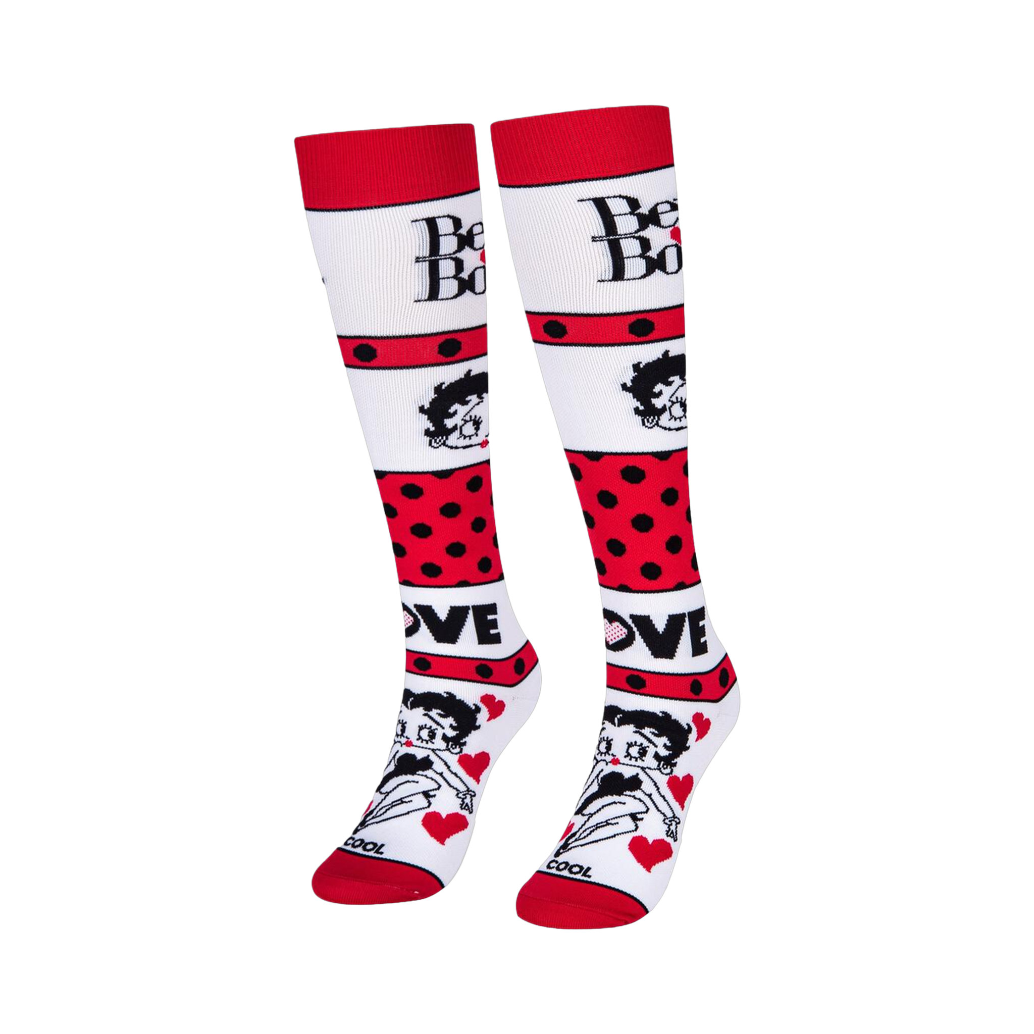 White knee-high socks featuring Betty Boop text, her face, bold red polka dot stripes, and the word LOVE with red hearts.