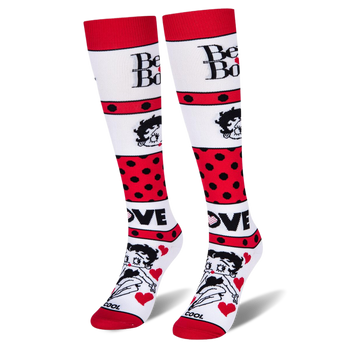 White knee-high socks featuring Betty Boop text, her face, bold red polka dot stripes, and the word LOVE with red hearts.
