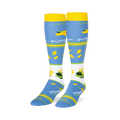 Light blue knee-high socks featuring yellow cuffs and buttercup patterns alongside text reading suck it up BUTTERCUP.