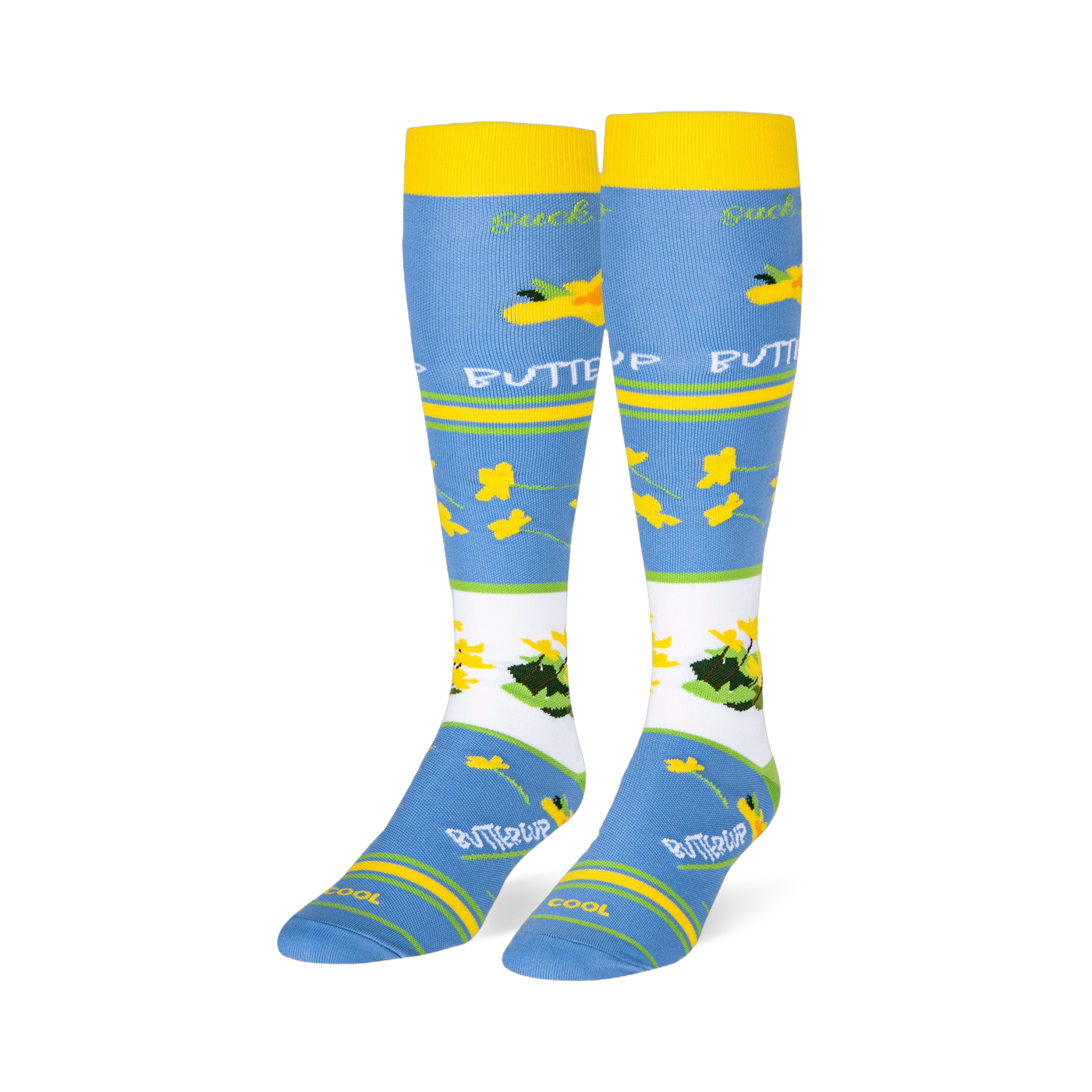 Light blue knee-high socks featuring yellow cuffs and buttercup patterns alongside text reading suck it up BUTTERCUP.