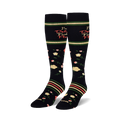 Black knee-high socks with pink and yellow roses, green stripes, and text reading I'm a Delicate Fucking Flower.