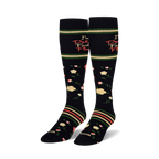 Black knee-high socks with pink and yellow roses, green stripes, and text reading I'm a Delicate Fucking Flower.