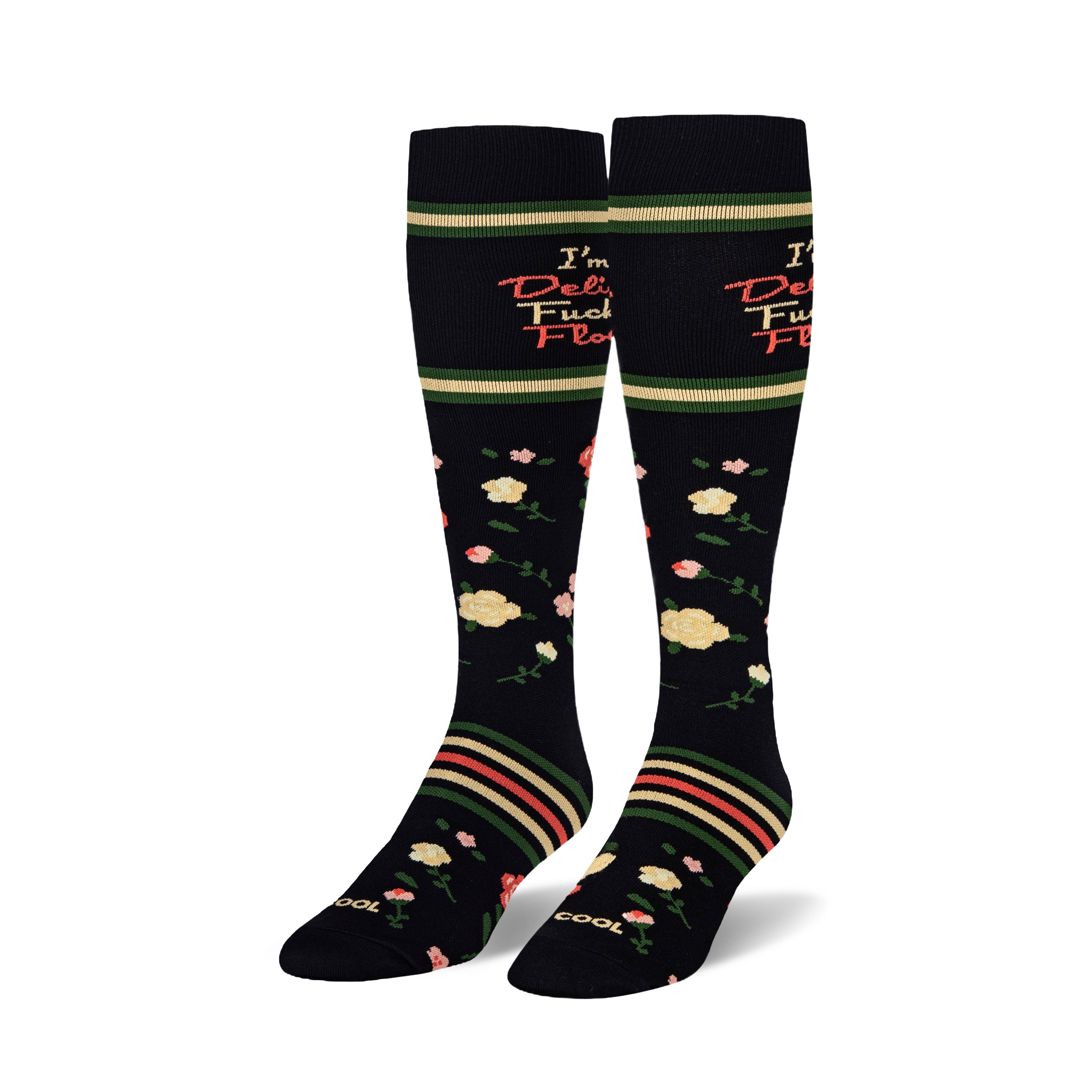 Black knee-high socks with pink and yellow roses, green stripes, and text reading I'm a Delicate Fucking Flower.