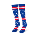 Blue knee-high socks standing upright, featuring white stars and red and white stripes across the leg and foot area.