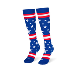 Blue knee-high socks standing upright, featuring white stars and red and white stripes across the leg and foot area.
