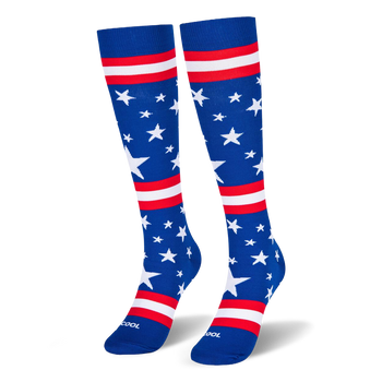 Blue knee-high socks standing upright, featuring white stars and red and white stripes across the leg and foot area.