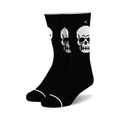 Pair of black crew socks featuring a repeated 8-bit pixelated white skull design. 