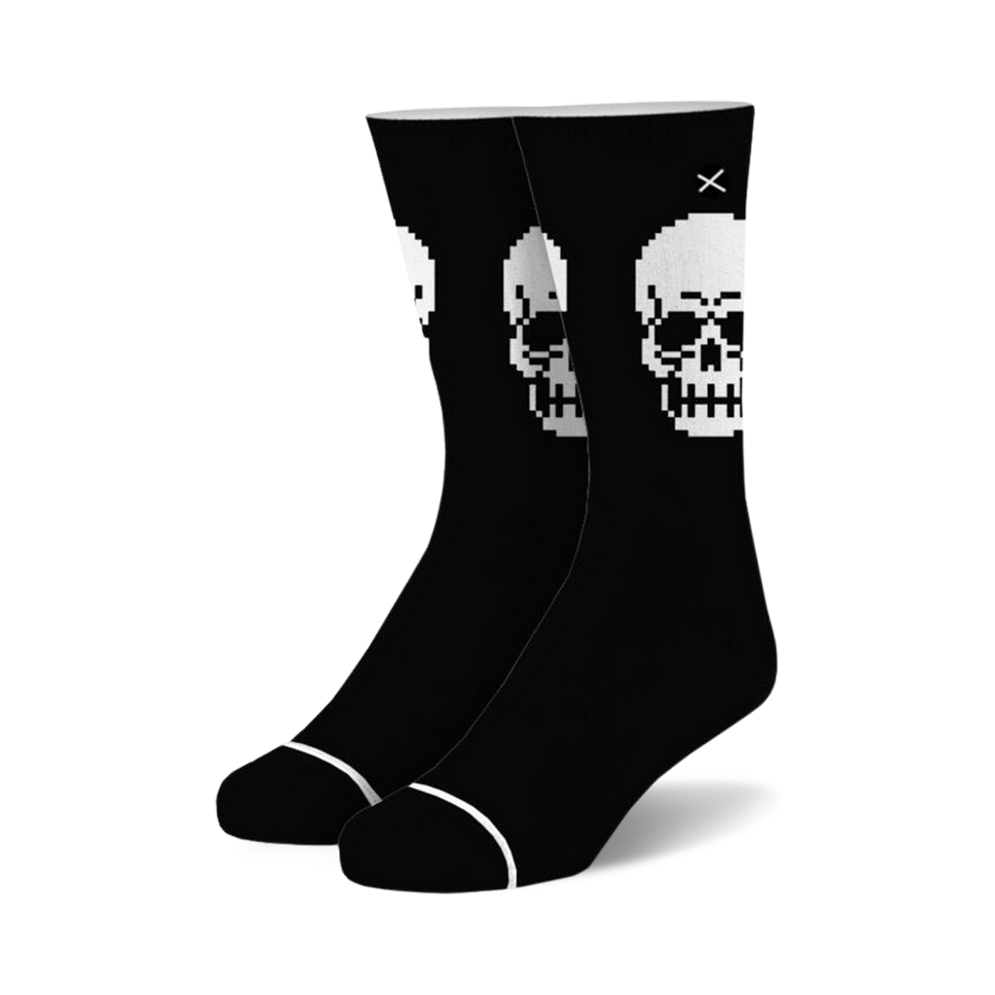 Pair of black crew socks featuring a repeated 8-bit pixelated white skull design. 
