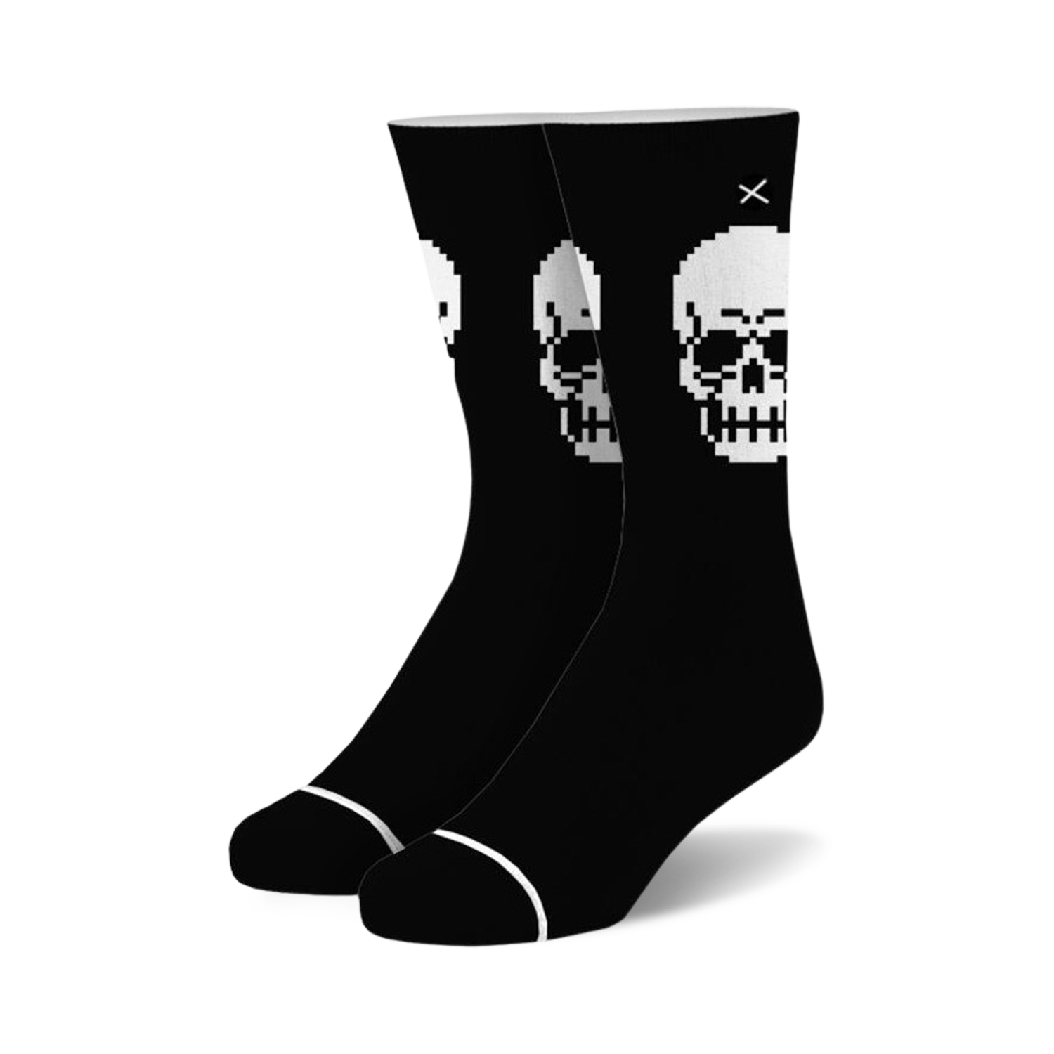 Pair of black crew socks featuring a repeated 8-bit pixelated white skull design. 