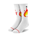 Pair of white crew socks with a pixelated flame design in red and yellow. 