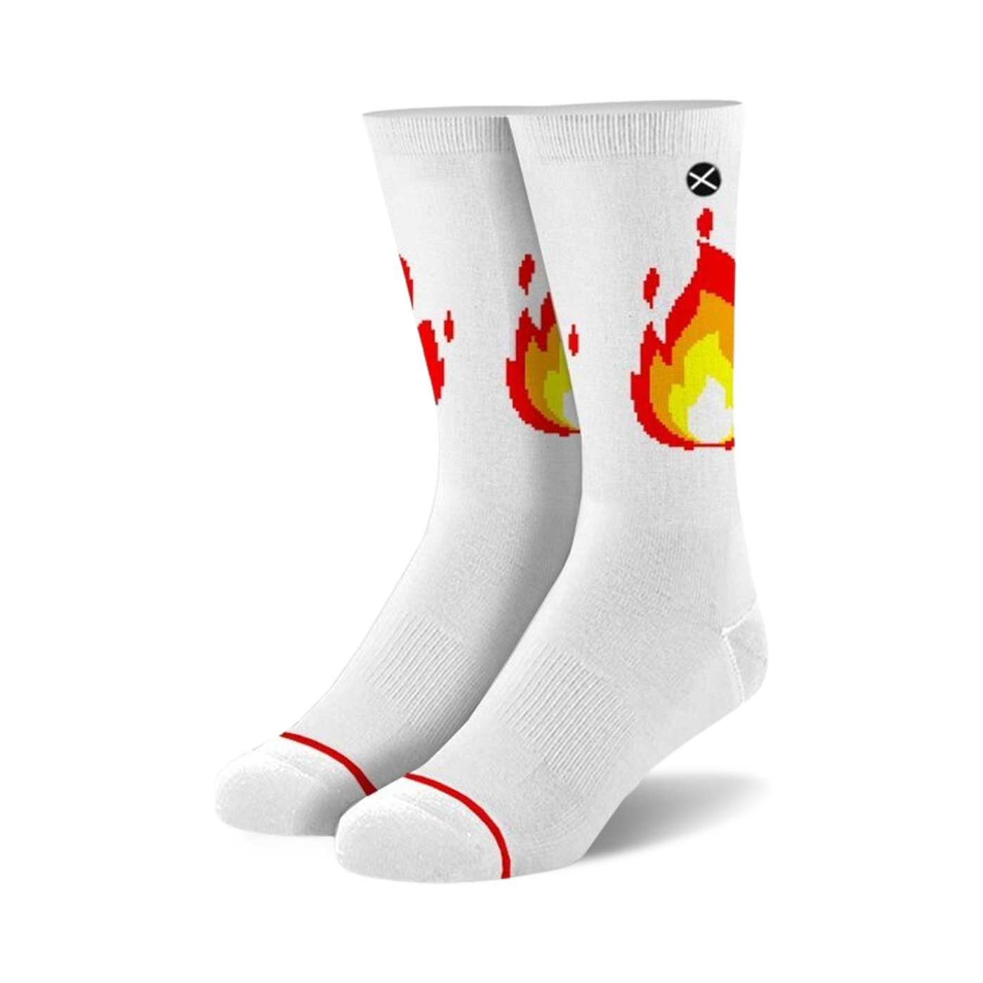 Pair of white crew socks with a pixelated flame design in red and yellow. 