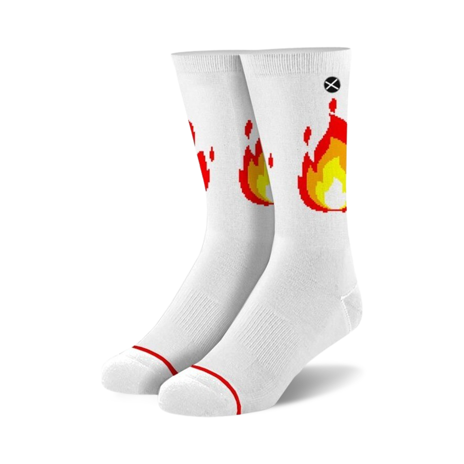 Pair of white crew socks with a pixelated flame design in red and yellow. 