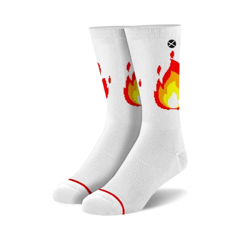 white crew socks with pixelated red, orange, and yellow flames for men and women.  