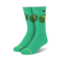 Pair of teal crew socks with a pixelated image of stacks of money. The design is in yellow and green.