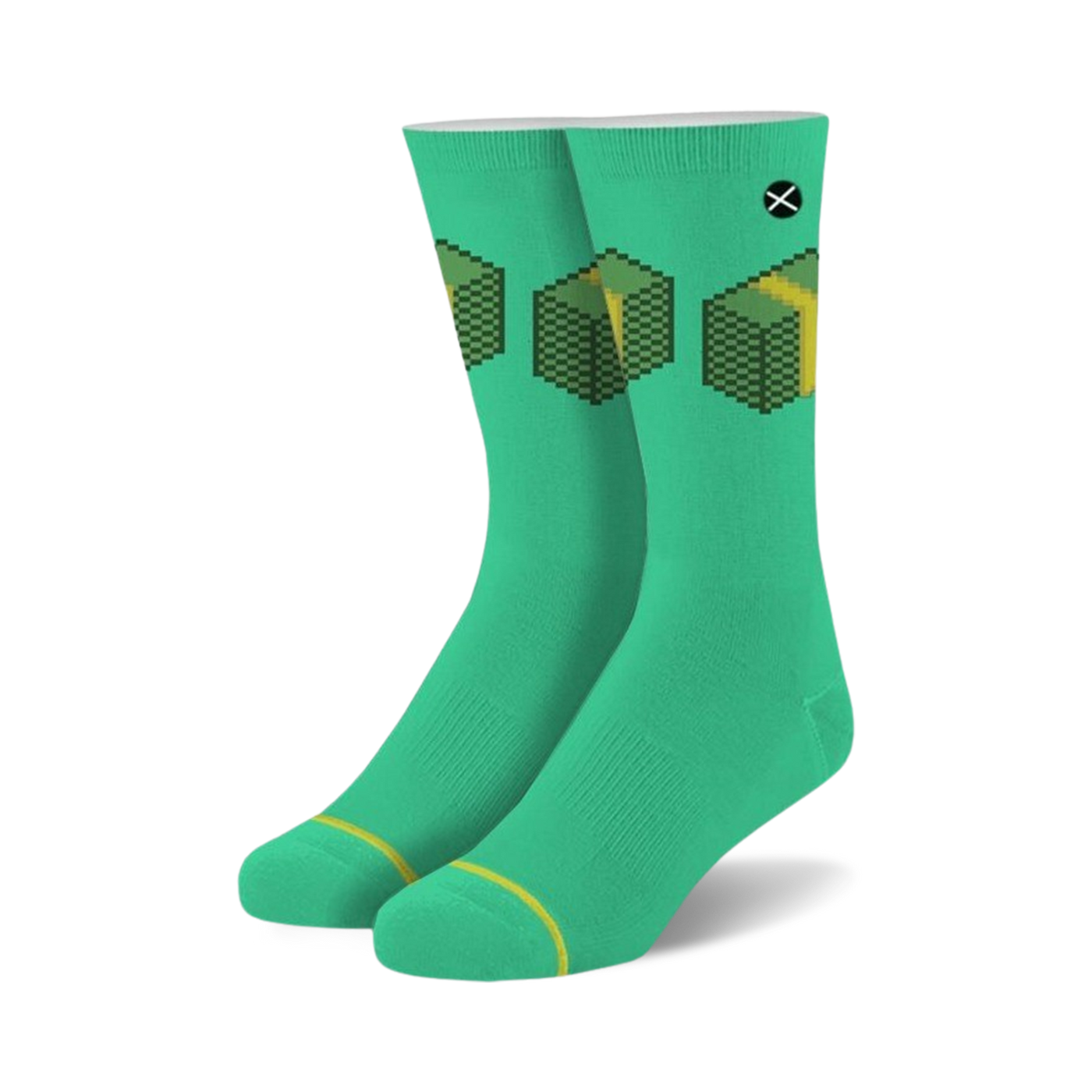 Pair of teal crew socks with a pixelated image of stacks of money. The design is in yellow and green.
