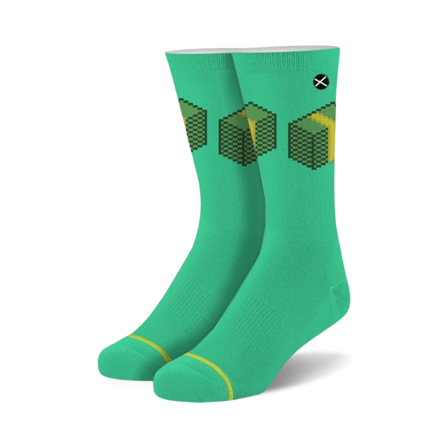 Pair of teal crew socks with a pixelated image of stacks of money. The design is in yellow and green.