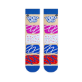 Flat lay view of two beige socks with blue toes and cuffs showing stacked colorful frosted Pop-Tart designs and a blue logo.