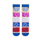 Flat lay view of two beige socks with blue toes and cuffs showing stacked colorful frosted Pop-Tart designs and a blue logo.
