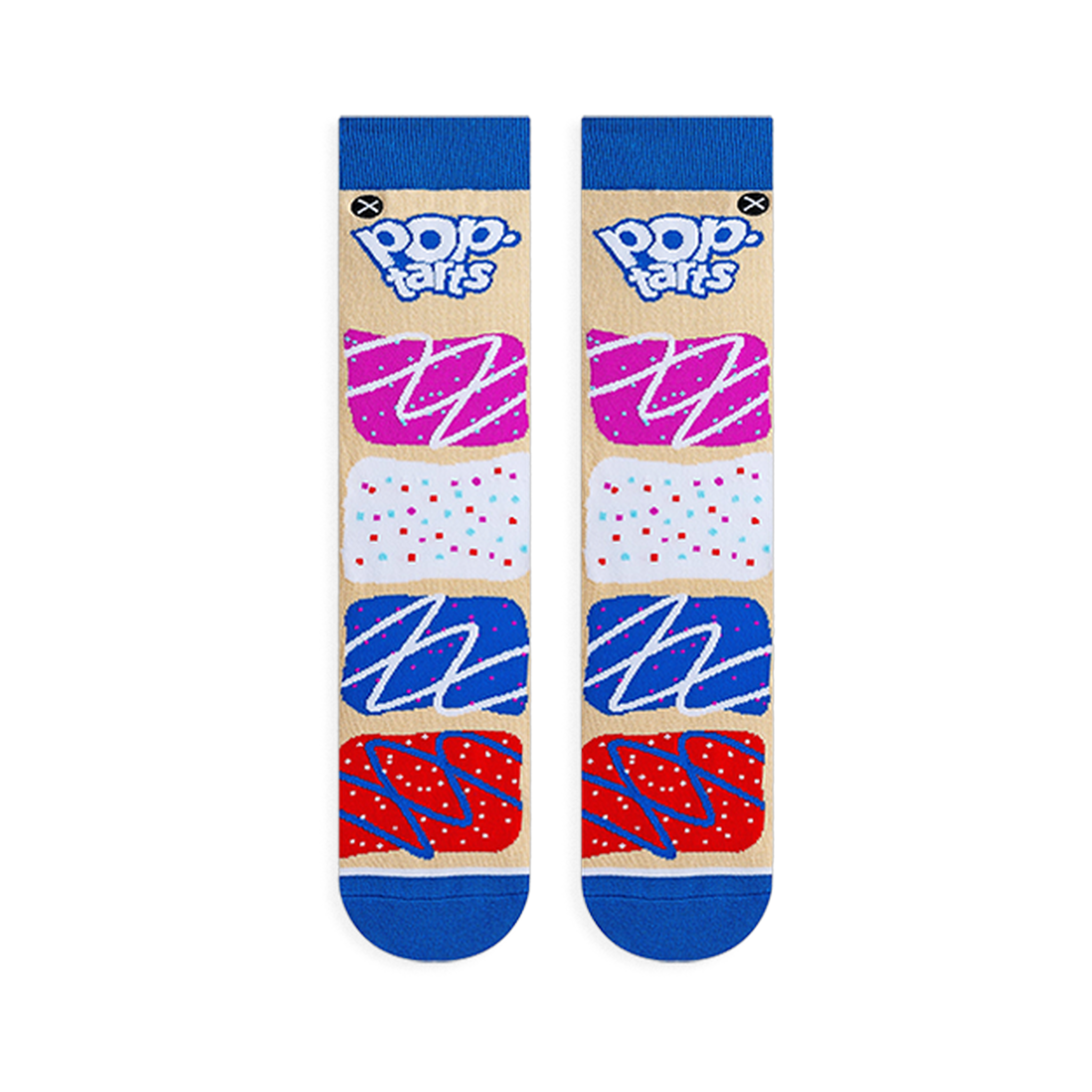 Flat lay view of two beige socks with blue toes and cuffs showing stacked colorful frosted Pop-Tart designs and a blue logo.