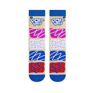 Flat lay view of two beige socks with blue toes and cuffs showing stacked colorful frosted Pop-Tart designs and a blue logo.