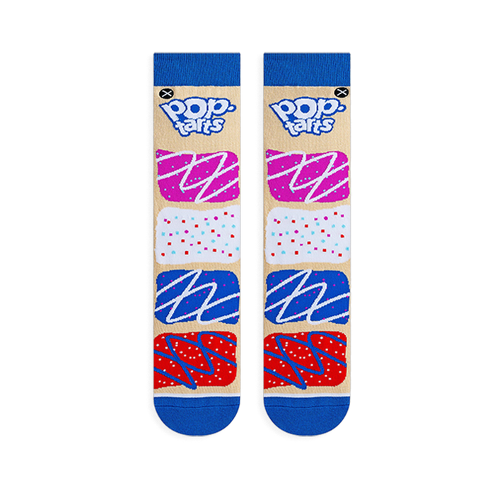 Flat lay view of two beige socks with blue toes and cuffs showing stacked colorful frosted Pop-Tart designs and a blue logo.