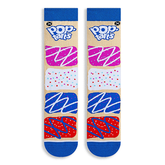 Flat lay view of two beige socks with blue toes and cuffs showing stacked colorful frosted Pop-Tart designs and a blue logo.