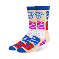 Beige crew socks with blue cuffs and toes, featuring the Pop-Tarts logo and a pattern of colorful frosted toaster pastries.
